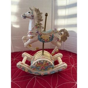 Vintage Musical Carousel Rocking Horse Figurine Pastel Floral Decor Wind Up